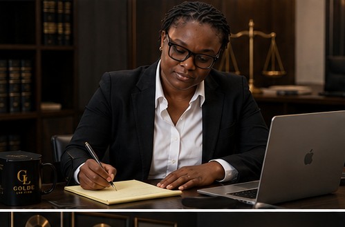 Sajdah D. Golde working at her desk with the scales of justice